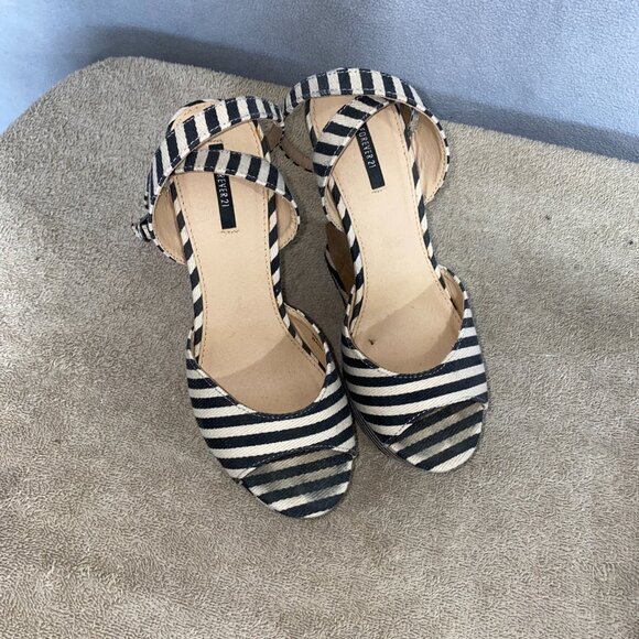 Forever 21 Striped Cork Wedge Heels | Nautical Black White Ankle Strap Sandals 8 - Picture 4 of 10